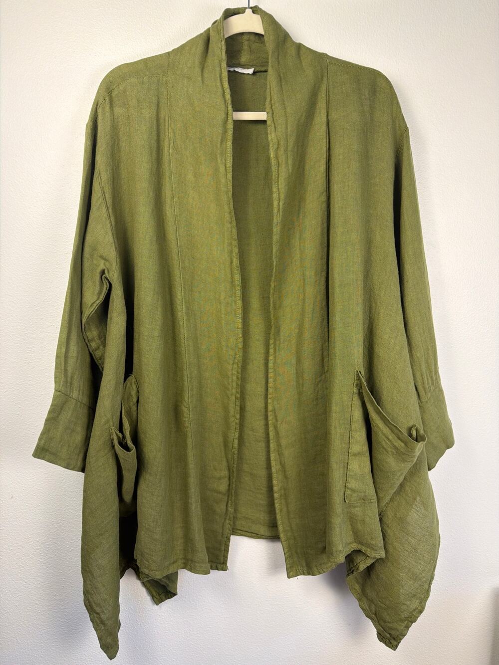 Made in Italy 100% Linen Open Front Cardigan Jacket Olive Green Lagenlook | OS